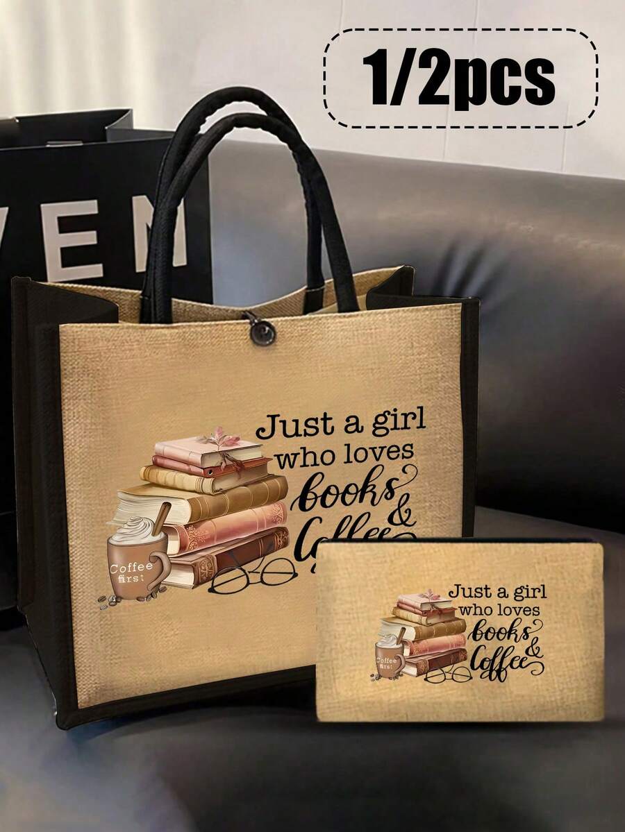 Yellow And Black Edged Linen Two Pieces Set With "Just A Girl Who Loves" Lettering Color Printing Pattern, Coffee And Book Pattern Design, Women's Fashionable Canvas Handbag With Button Thick Linen Bag, Multi-Functional Shopping Bag, Thank You Gift, Innovative Design, Large Capacity, Personalized Gift For Wedding Anniversary And Friend's Birthday, Suitable For Vacation, Daily Life, Going Out, Supermarket Shopping - Multicolor - View 1