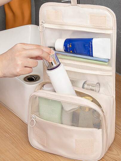 1 pieza Bolsa de aseo colgante a rayas beige impermeable, organizador de maquillaje de gran capacidad, artículos esenciales de viaje, necesidades de crucero, suministros para dormitorio, regalo para dama de honor, regalo para la madre, regalo de cumpleaños, regalo para amigos y maestros, decoración del hogar, baño, sala de estar, decoración del dormitorio