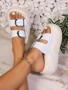 Dép xăng đan mùa hè thoải mái cho nữ - Thiết kế đế dày, Trang trí khóa kim loại, Phong cách tối giản, Cổ thấp hở mũi, Dép lê, Mùa hè thường ngày, Thích hợp cho hàng ngày và du lịch, Chất liệu EVA - trắng - Xem 2