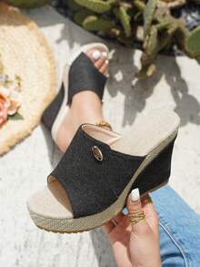 Women's Fashion Open Toe Platform Wedge Slide Sandals - Black - View 2