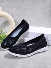 Casual Breathable Slip-On Flat Shoes, Summer New Round Toe Walking Shoes, Fashionable Versatile Comfortable Lightweight Fabric Shoes - Navy Blue - View 4