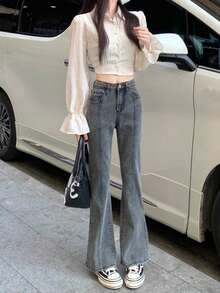 Women's Pocket Flared Casual Everyday Versatile Denim Jeans - Grey - View 3