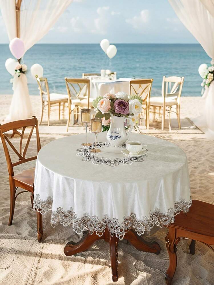 ABEST6522 Home&Living store 100% Polyester Round Velvet Tablecloth With Hollow Lace Edge, Elegant Floral Embroidery Circular Table Cover For Coffee Side Table, Wedding Party Home Decor Table Cloth - Multicolor - View 5