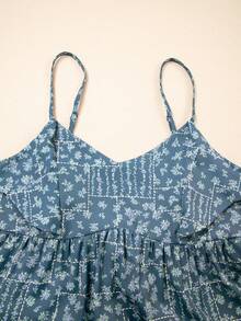 夏季花卉印花蝴蝶夹 V 领修身肩带度假风格迷你高腰连衣裙 - 藍色 - 查看 6