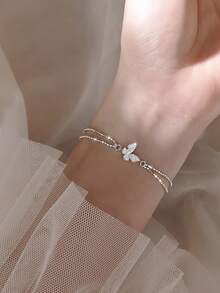 1pc S925 Sterling Silver Butterfly Fully Paved Double Layer Bracelet, Unique Design, Fresh & Elegant Style Women's Gift For Birthday - Butterfly - View 12