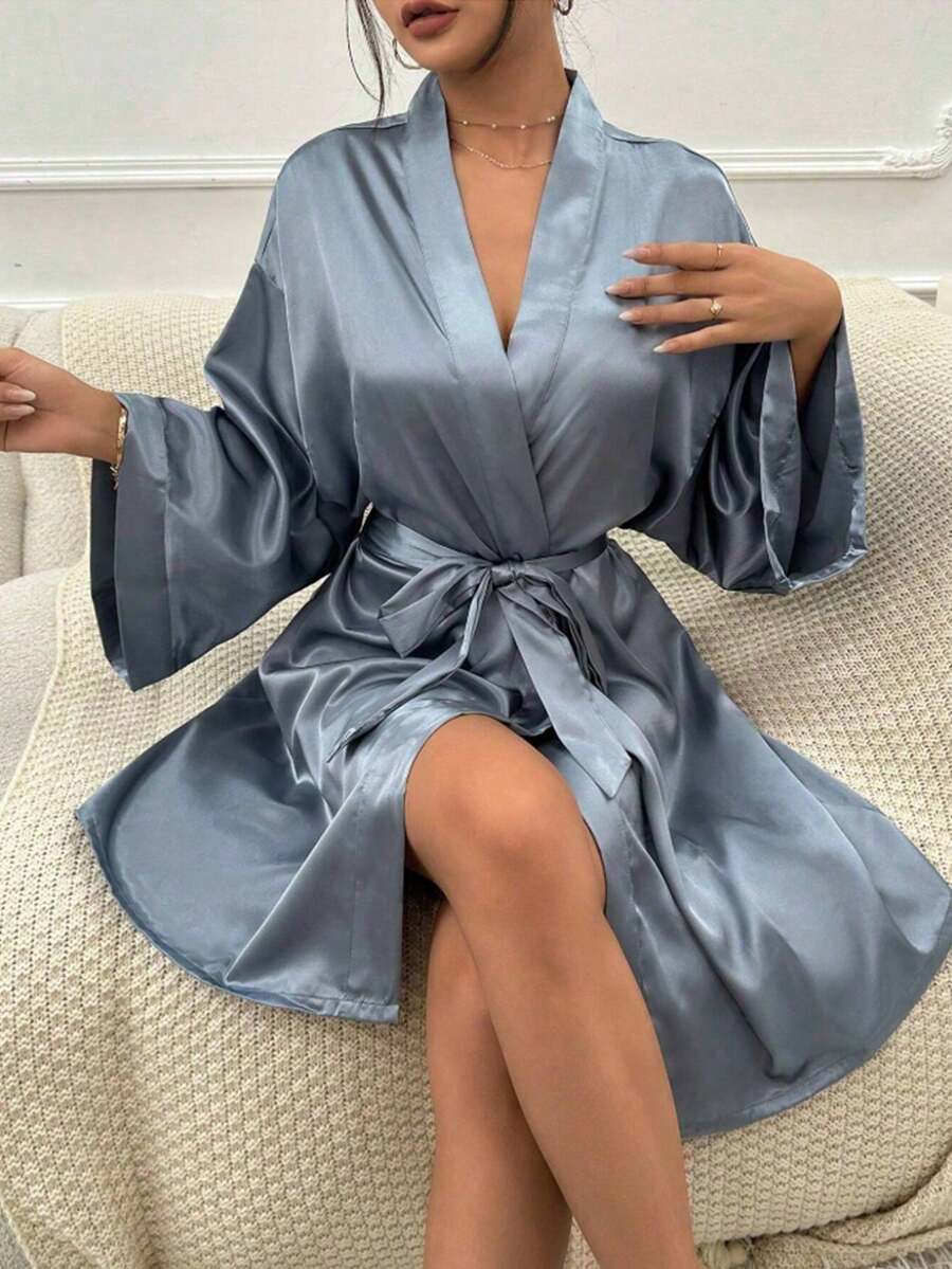 1 pièce Robe élégante de luxe légère avec ajustement serré, pyjama sexy avec lien à la taille, vêtement d'intérieur en soie confortable, décoration de salle de bain pour l'été - Gris bleu - Voir 1