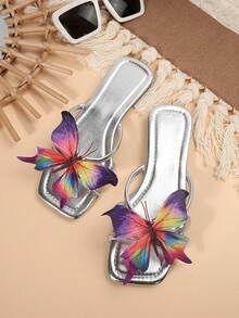 Flat Floral Strap Slide Sandals For Women, New Summer Fashion Dress Slippers, Elegant & Fresh, Suitable For Dates, Parties, Commute, Shopping, Gatherings, Beach - Silver - View 6