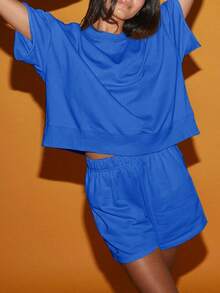 Fisoew Women's 2 Piece Outfits - High Waist Casual Tracksuit Set, Oversized Cropped Sweatshirt & Running Shorts, Summer Y2K Streetwear, Fashion Matching Lounge Set - Màu xanh lam - Xem 3