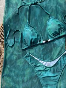 Elegant Party Women's Backless Tie-Up Side Thong Bikini, Semi-Sheer Skirt 3-Piece Swimsuit - Green - View 4