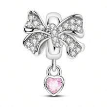 1 pingente de laço rosa prateado, pingente em forma de borboleta incrustado com zircônia cúbica, pingente de borla em forma de coração, adequado para pulseiras, joias faça você mesmo, joia de presente em estilo doce para mulheres