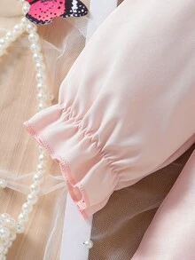 年轻女孩时尚可爱落肩花卉 3D 欧根纱串珠领连衣裙