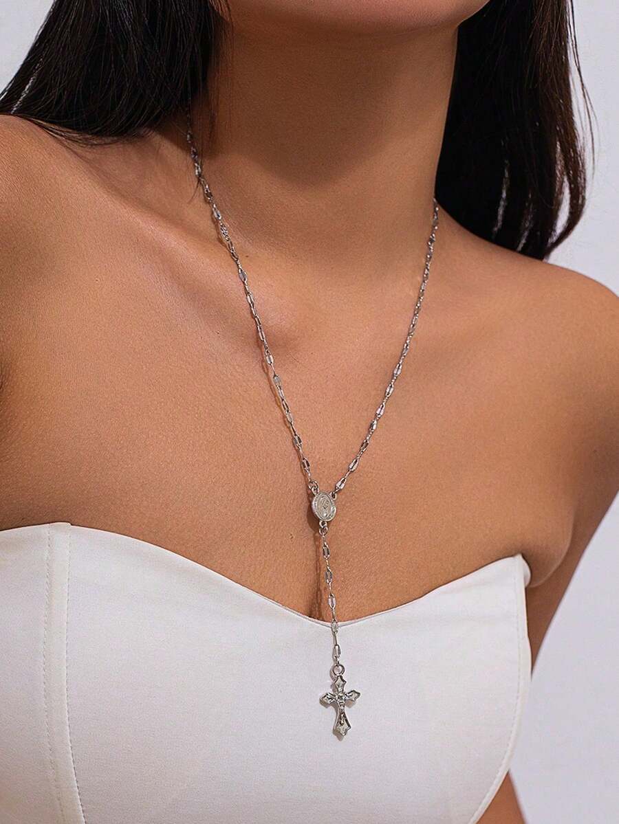 1pc Premium Fashion Elongated Chain Exquisite Cross Pendant Necklace, Silver Color, Versatile For Any Occasion, Perfect Holiday Gift - Silver - View 1