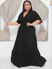 Plus Size Long Dress V Neck Short Sleeve - Black - View 1