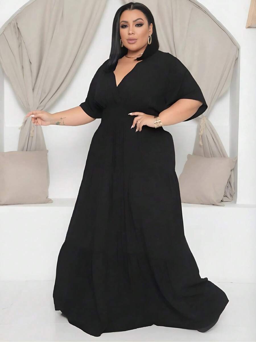 Plus Size Long Dress V Neck Short Sleeve - Black - View 1