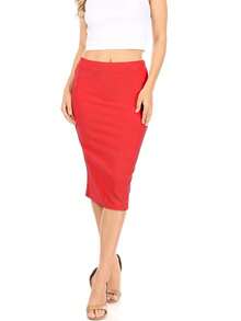 Casual High Waist Slim Stretch Pull-On Bodycon Pencil Solid Midi Skirt - 紅色 - 查看 5