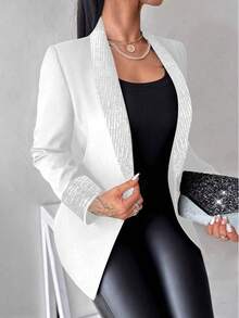 女士优雅亮片披肩领西装外套，纯色涤纶长袖常规版型夹克，四季梭织外套，撞色饰边 - 白色 - 查看 4