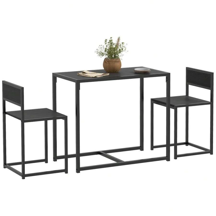 HOMCOM Dining Table And Chairs Set 2, Dining Room Sets, Rectangular Space Saving Table And 2 Chairs For Compact Kitchens, Steel Frame, Black - Black - View 1