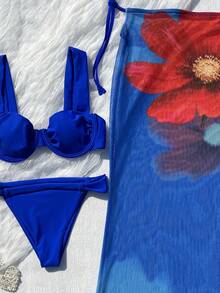 女士皇家蓝宽肩带钢圈比基尼及大碎花印花中长裙三件套。采用高弹亲肤面料，舒适透气。宽肩带钢圈罩杯提供良好支撑，裙摆上的大碎花印花吸睛夺目。侧边系带可调节松紧。是度假和海滩出游的理想之选，打造度假风情造型。 - 藍色 - 查看 3