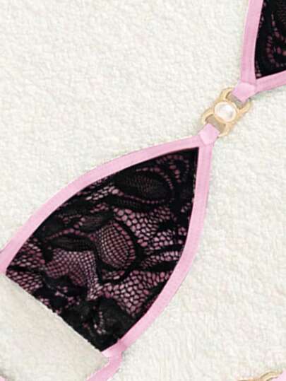 Conjunto de bikini para mujer con tela de encaje, tirantes ajustables, lazo en la espalda y decoración de perlas