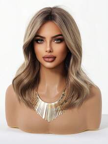 16-Inch Brown Ombre 8-Shaped Bangs Medium Curly Synthetic Heat-Resistant Fiber Wig, Suitable For Women's Daily Wear, Parties, Mother's Day, Music Festivals And Other Occasions - Brown Ombre - View 5