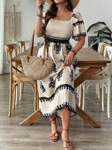 Plus Size Printed Dress, Elegant Waist Design, Flattering, Vacation Vibe - Apricot - View 6