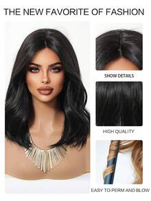 16英寸自然黑色刘海中长卷发合成耐热纤维假发，适合女性日常佩戴、派对、母亲节、音乐节等场合。 - 自然黑 - 查看 8