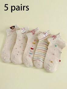 5 Pairs Random Cartoon Puppy & Rabbit Print Ankle Socks, Spring/Summer - Multicolor - View 5