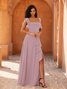 MOEVIO Gaun Malam Formal Wanita Elegan Model A-Line dengan Lengan Ruffle dan Bahu Terbuka, Belahan Paha Tinggi, Cocok untuk Acara Prom, Wisuda, Acara Pulang Kampung, Liburan, Musim Gugur dan Musim Semi - Dusty Pink - View 4