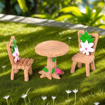 3pcs Whimsical Miniature Table And Chairs Set, Fairy Garden Furniture Kit With Pink Flowers And Green Leaves, Durable ABS Resin - Perfect For Dollhouses, Micro Landscapes & Art Decorations, Fairy Garden Accessories