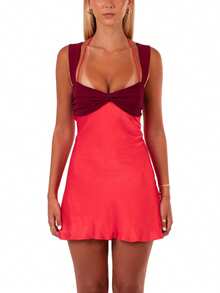 Women Sleeveless Mini Dress Summer Casual Contrast Colors Tie Up Backless Ruched Party Dress For Beach Club Streetwear - 紅色 - 查看 7