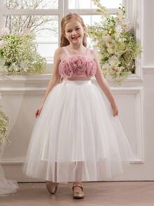 Tween Girls' Mesh Valentine's Day Party Princess Dress, Suitable For Children's Birthday Party, Flower Girl, Wedding, Formal Occasion, Holiday Celebration - Pink - View 1