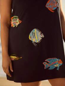 Women Y2K Boho Mini Cami Dress Spaghetti Strap Fish Printed Flowy Sling Dress Graphic Backless A Line Summer Holiday Sundress - 黑色 - 查看 6