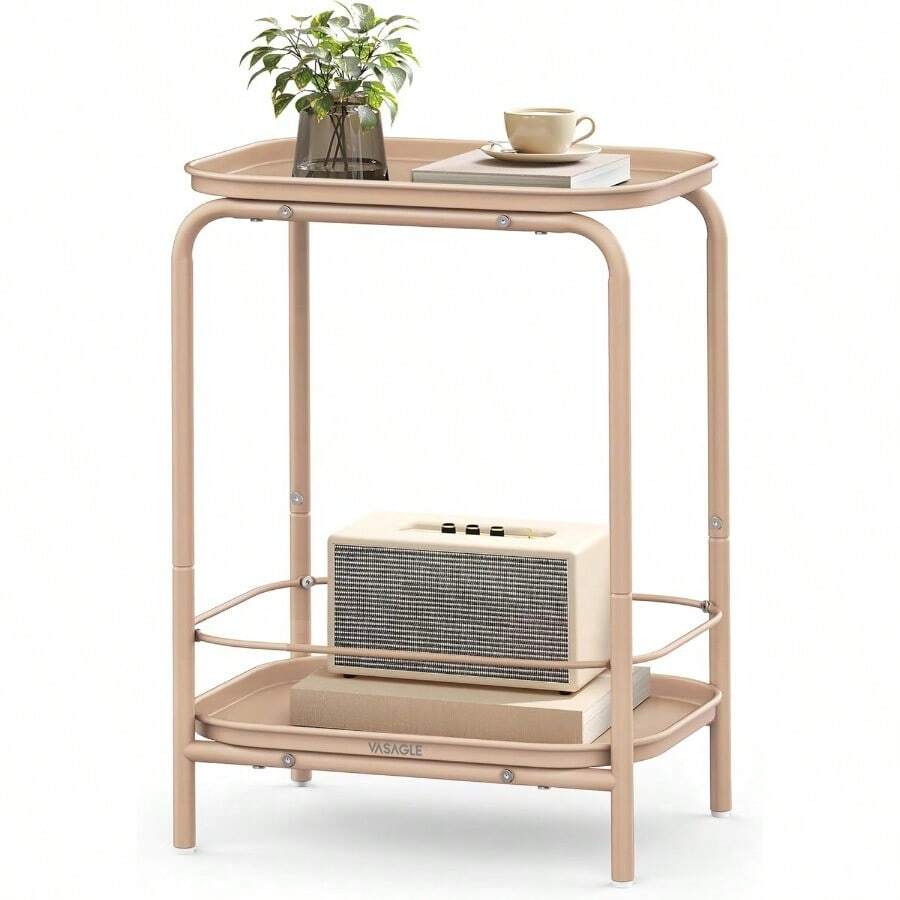 Mesa auxiliar de 2 niveles de metal mesita de noche y centro pequeña con bandeja color marrón camello MLET243K01 ideal para recámara sala oficina y decoración funcional - Marrón Camello - Ver 1