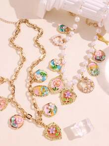 1pc Vintage Elegant Floral Necklace, Multicolor Enamel Alloy Pendant Beaded Necklace For Women, Cute Flower, Shell, Fish, Heart Design For Daily Wear - Multicolor - View 6