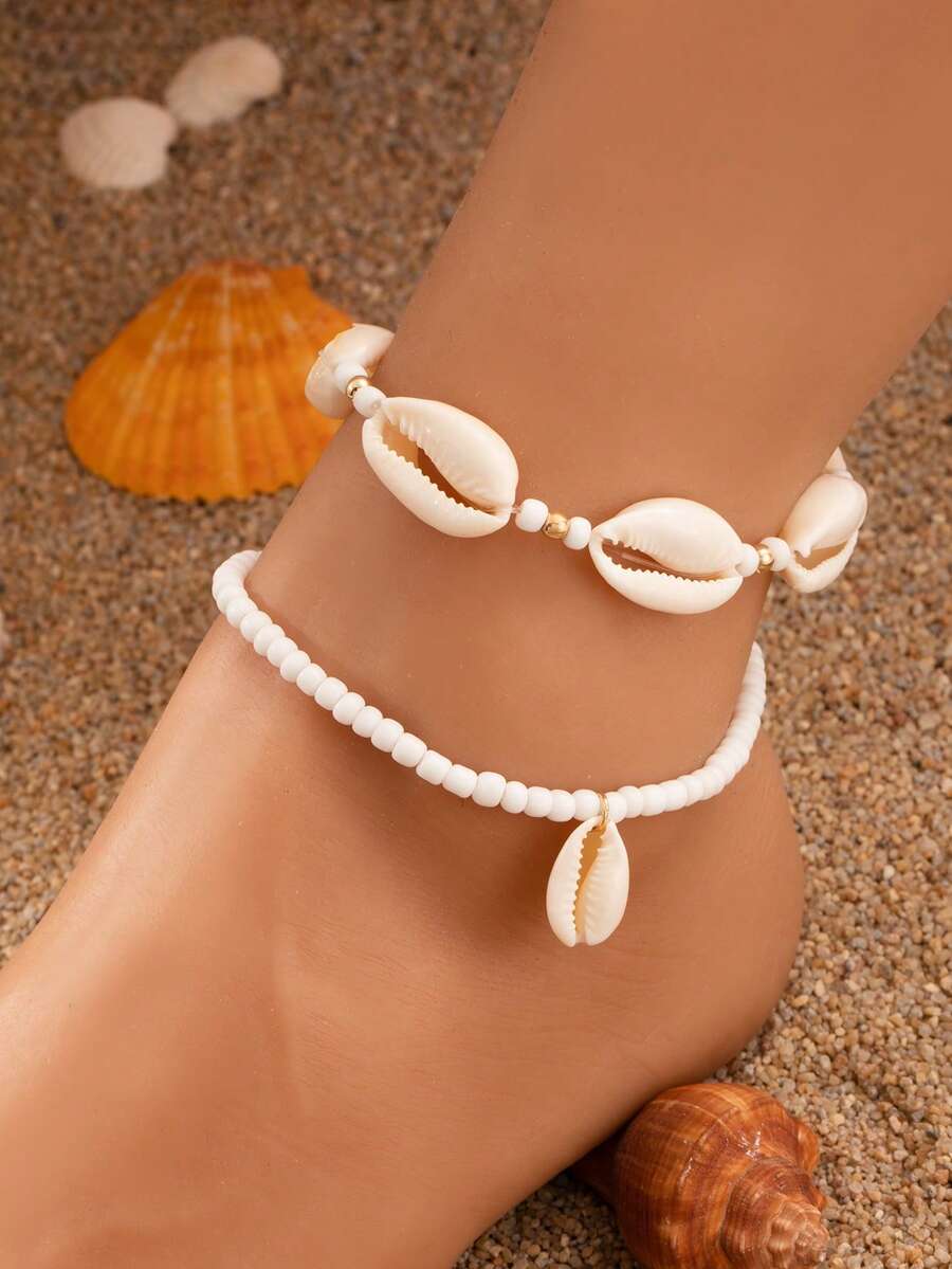 Fashionable Ocean-Themed Shell & Turquoise Beaded Adjustable Anklet, Waterproof Wax Rope Braided, Unisex For Beach Vacation Party - Anklets - View 1