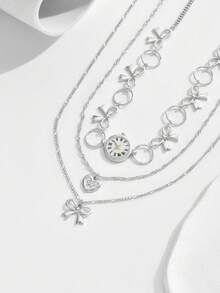 1pc Multilayer Necklace With Heart, Bow, Butterfly & Clock Pendant, Vintage Gold Tone, Stylish For Women, Daily Wear, Valentine's Gift