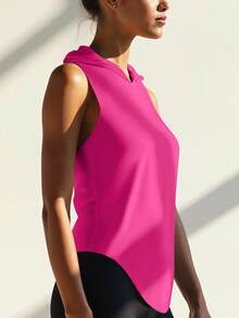 Plain Color Sleeveless Hooded Sports Tank Top, Women Workout Activewear Suitable For Gym, Running, Exercise, Home Summer - Hot Pink - View 7