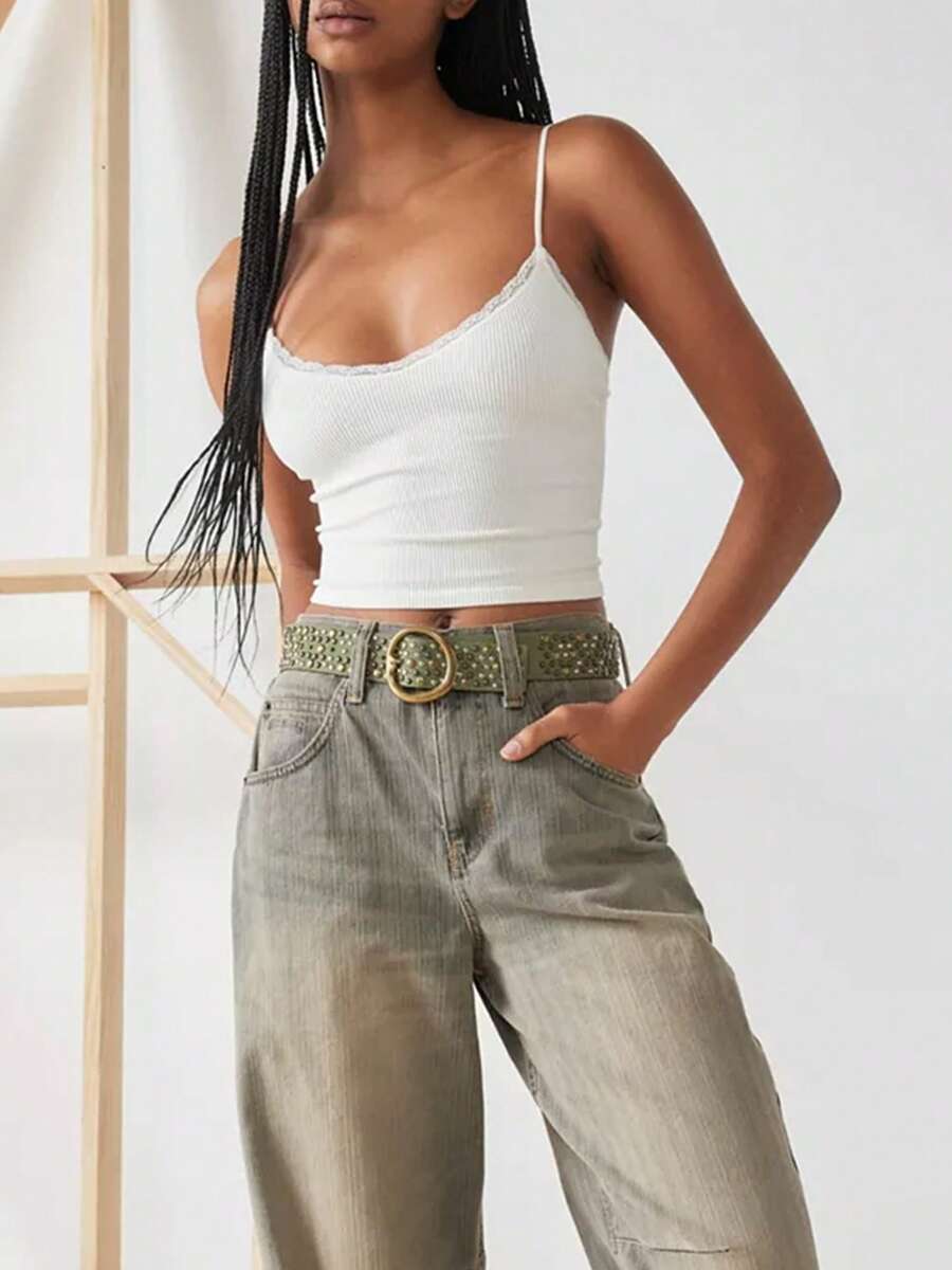 Women Crop Fitted Camisole Lace Trim Summer Spaghetti Strap Tank Tops Sleeveless T-Shirt For Streetwear Clubwear - White - View 1