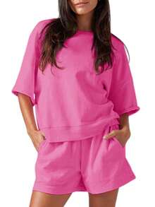 Womens 2 Piece Outfits Oversized Cropped Sweatshirt And High Waist Running Shorts Casual Tracksuit Sets - 粉色 - 查看 7