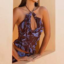 Women's Summer Casual 2 Piece Skirt Outfits Halter Neck Ruffle Trim Tops Long Flowy Skirt Set - Coffee Brown - View 4