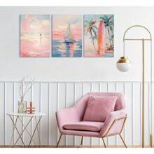 3 pièces Peintures sur canevas murales roses style côtier, images de voilier rose et de planche de surf. Décoration murale de plage chic pour chambres d'ado, appartements et maisons. Prêtes à accrocher. Ensemble de 3 pièces dans un cadre haut de gamme créant une atmosphère murale