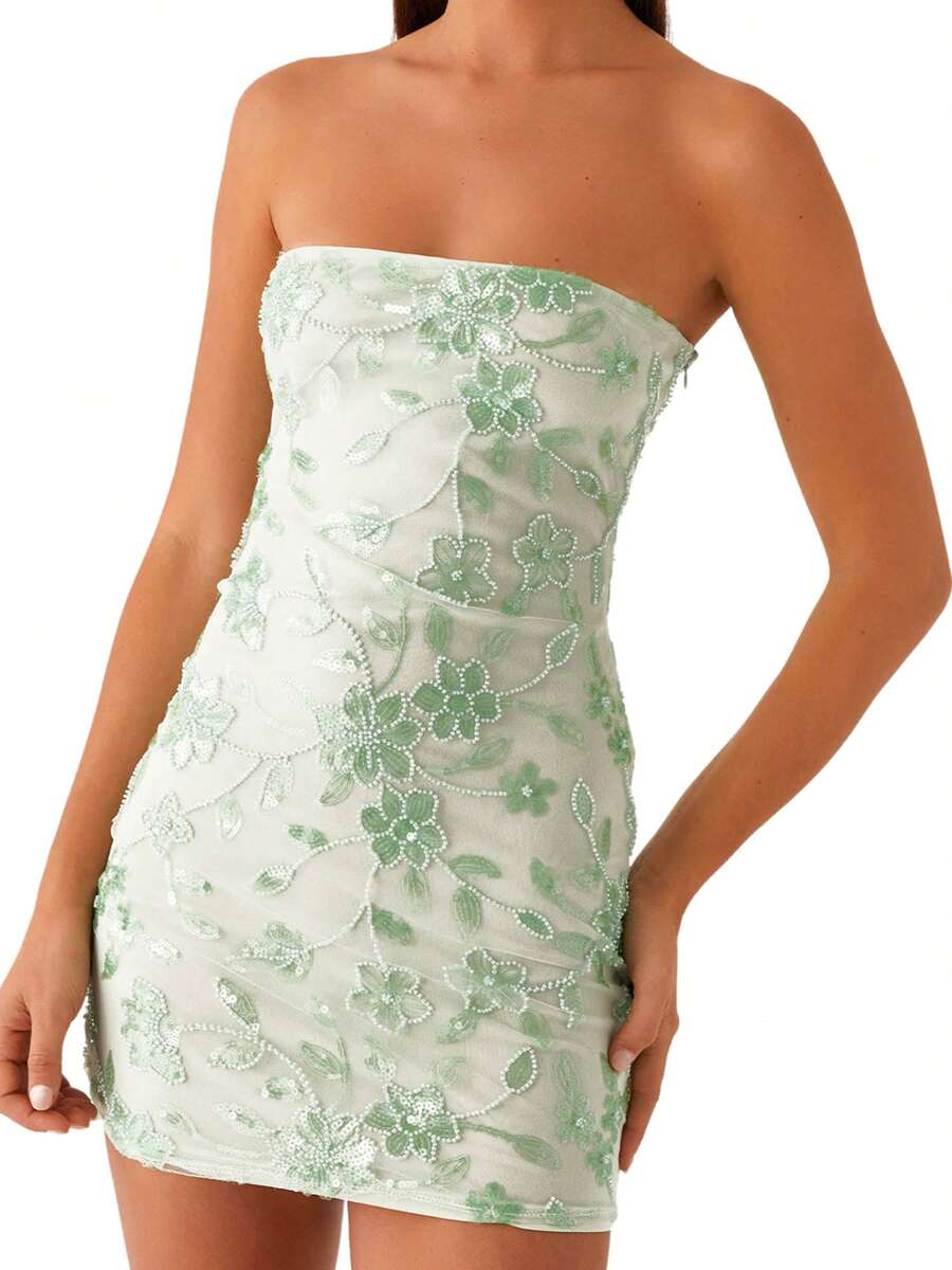 Sequin Beaded Floral Dress Sexy Women Strapless Tube Dress Y2K Off The Shoulder Mini Dress Sparkly Glitter Bodycon Short Dress Bandeau Dress Party Clubwear - 綠色 - 查看 1