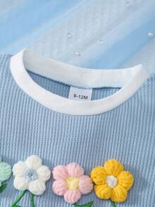 2pcs Baby/Toddler Girls' Daily Casual Cute Versatile Blue Floral Decor Round Neck Short Sleeve T-Shirt And Elastic Waist Dual Pockets Shorts Set, Summer - Blue - View 3