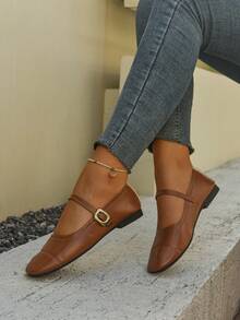 新款女士时尚春秋季系带搭扣玛丽珍平底鞋，方头舒适日常穿着，玛丽珍鞋，芭蕾平底鞋 - 棕色 - 查看 3