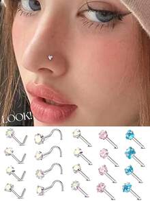 4PCS/Set Surgical Steel Heart Nose Ring Set Real Star L Shape Nose Stud Set Square Nose Rings And Studs Bulk Piercing Nariz Lote - Multicolor - View 4