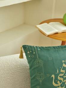 1 件开斋节绿黑天鹅绒面料配金线刺绣装饰抱枕套，手工流苏家居装饰，适合客厅、卧室、派对