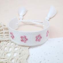 1 pieza Pulsera de estilo bohemio hecha a mano con bordado floral y borlas, ajustable, adecuada para regalos a amigos, familia, estudiantes, para vacaciones, fiestas, viajes y bodas - Blanco - Ver 2