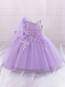 Baby Girls' Bowknot Floral Mesh Cute Birthday Princess Dress For Party Flower Girl, Fabric & Floral Pattern Randomly Cut, Headband Not Included - Mauve Purple - View 3