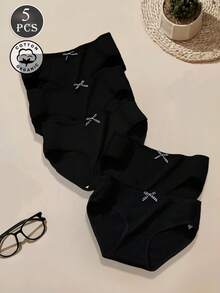 5 件女士内裤，纯色，带蝴蝶结装饰，中腰全裆，简约风格三角内裤 - 黑色 - 查看 12