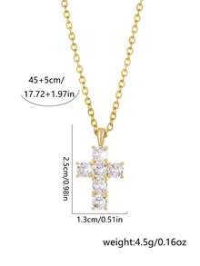 1pc Men Copper Inlaid Cubic Zirconia Cross Pendant Necklace, Versatile Daily Accessory - Yellow Gold - View 8